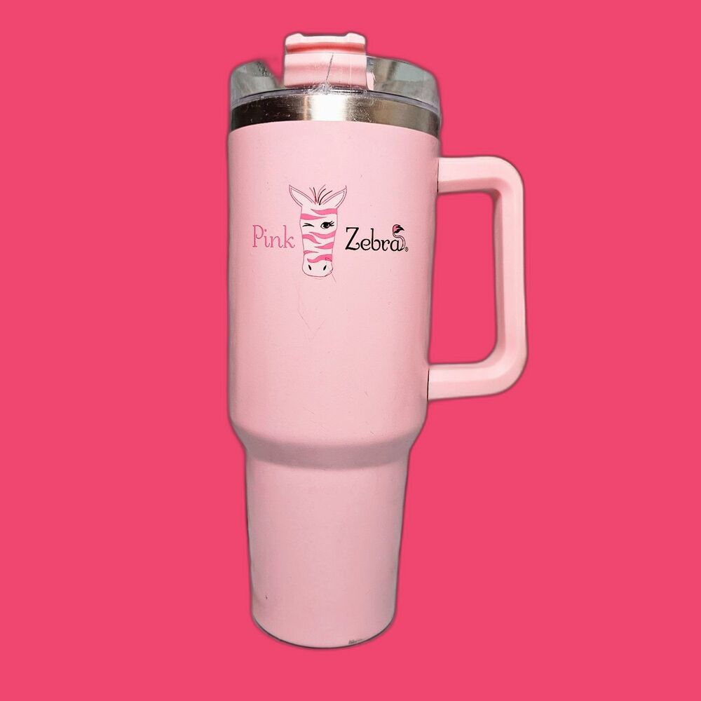 Pink Zebra 40 oz Stainless Steel Travel Tumbler Mug Handle Pink w/ Cracked Lid